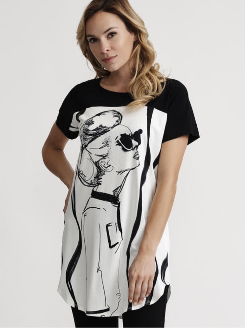 Joseph Ribkoff Black & White Luxury Graphic Short-Sleeve Designer Top - Picture 9 of 10